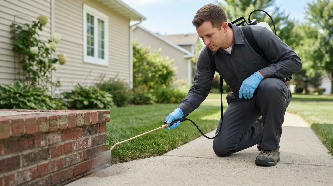 Pest control technician treating a home near Amherst, OH