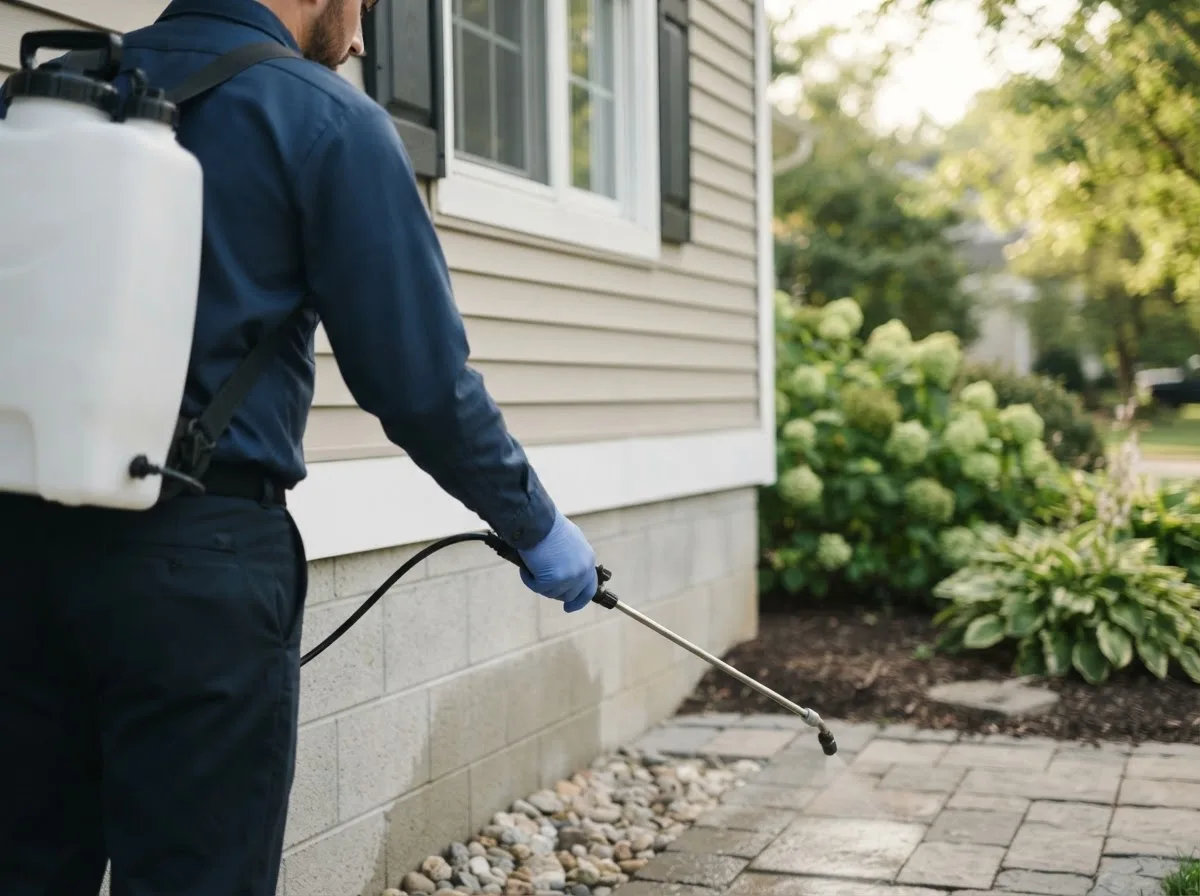 Pest control technician inspecting a home in Amherst, OH